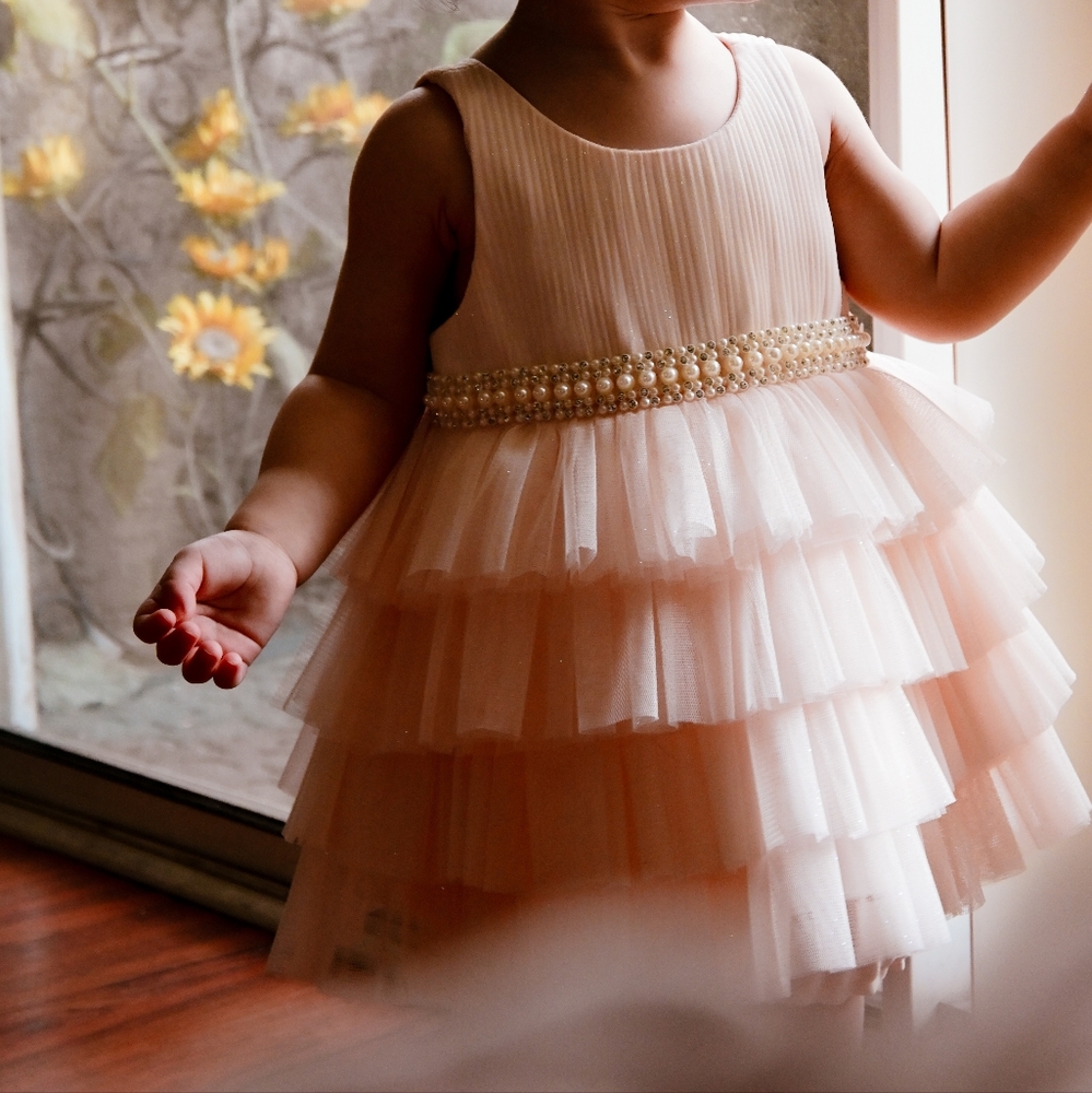 Blush Pink Tiered Dress with Pearl Waistband
